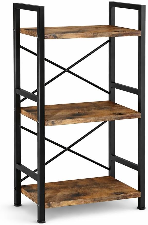 Small Bookshelf for Small Spaces, 3-Tier Industrial Bookcase with Metal Frame and Wood Shelves, Narrow Storage Shelf for Living Room, Bedroom, Apartment