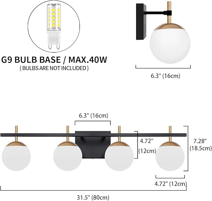 4-Light Modern Vanity Light for Bathroom, Black and Gold Bathroom Lighting Fixtures Over Mirror, White Frosted Glass Vanity Lights Globe Wall Lamp Sconces for Hallway Stairway Living Room