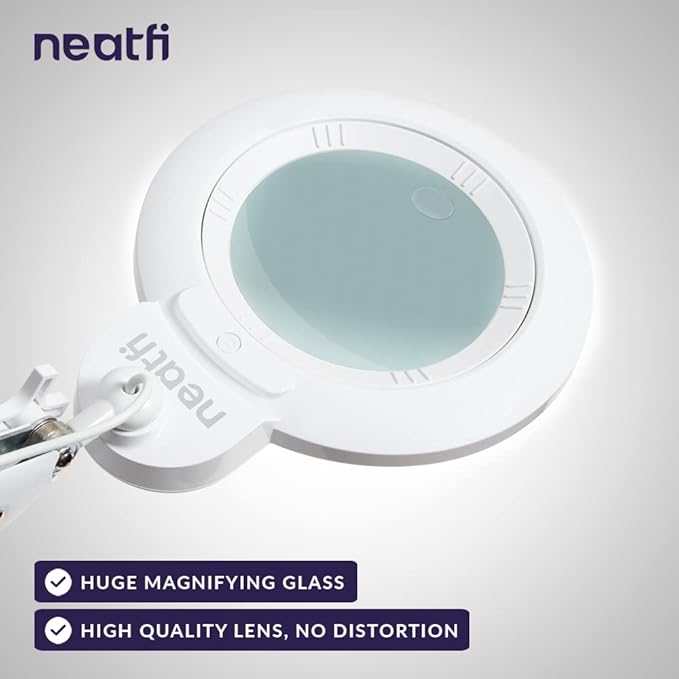 Neatfi XL Bifocal LED Magnifying Lamp – 7” Acrylic Lens, 5D/20D Magnification, 1,600 Lumens, Dimmable with 3 Light Modes, Adjustable Arm & Clamp, Lamp for Reading, Crafting (White, CCT with Clamp)