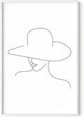 Elegant Woman in Hat Wall Art Minimalist Feminine Profile Continuous Line Drawing 24x36 Inch Oak Wood White Framed Chic Fashion Print for Vanity Bedroom