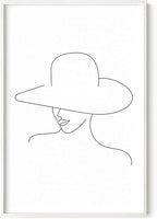Elegant Woman in Hat Wall Art Minimalist Feminine Profile Continuous Line Drawing 24x36 Inch Oak Wood White Framed Chic Fashion Print for Vanity Bedroom