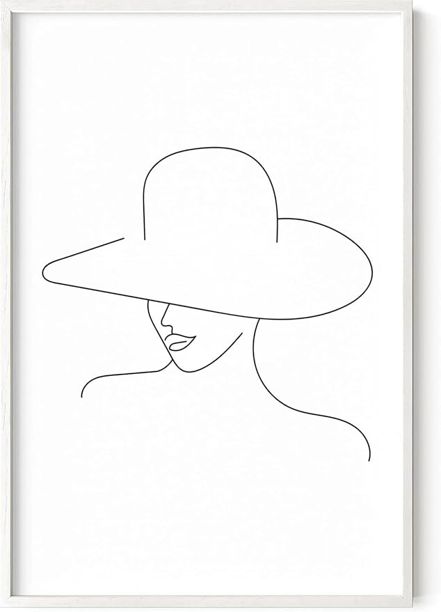 Elegant Woman in Hat Wall Art Minimalist Feminine Profile Continuous Line Drawing 24x36 Inch Oak Wood White Framed Chic Fashion Print for Vanity Bedroom
