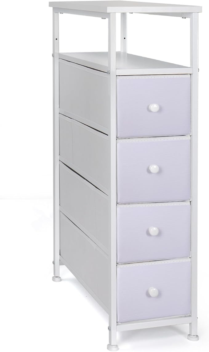 Narrow Dresser for Bedroom, Fabric Tall Dresser & Chests of Drawers with 4 Drawers, Vertical Organizer Storage Tower Unit for Bedroom, Hallway, Entryway White Wood Grain