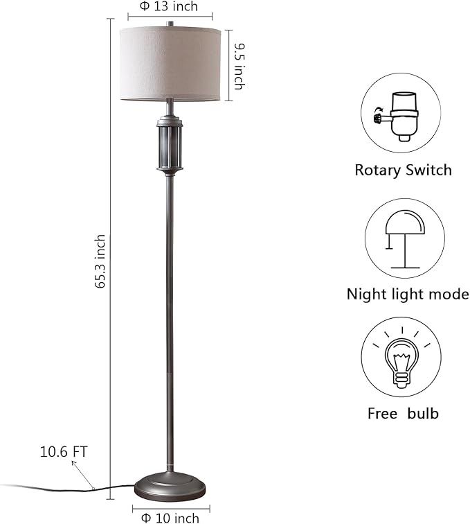 65'' Industrial Floor Lamp for Living Room Bedroom with 2 Light Sources, Modern Metal Tall Standing Lamp with Nightlight, Rustic Floor Light for Home Office Corner, Bulbs Included