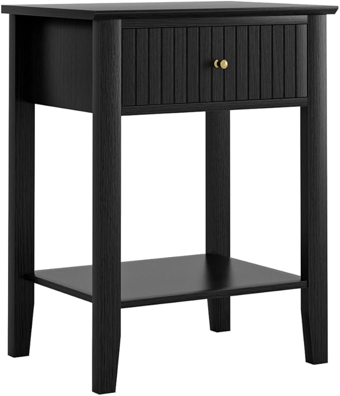 Fluted Nightstand, Farmhouse Night Stand with 1 Drawers, Mid Century Modern Side Accent Table,Bedside End Table for Bedroom, Living Room, Black