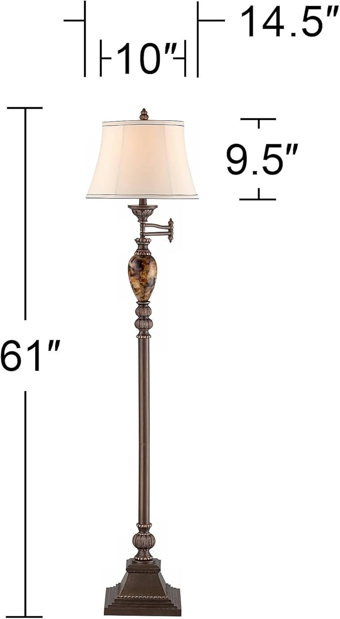 Kathy Ireland Mulholland Rustic Vintage Swing Arm Floor Lamp Standing 61" Tall Bronze Marble Font Ivory Faux Silk Drum Shade Decor for Living Room Reading House Bedroom Home Family Office