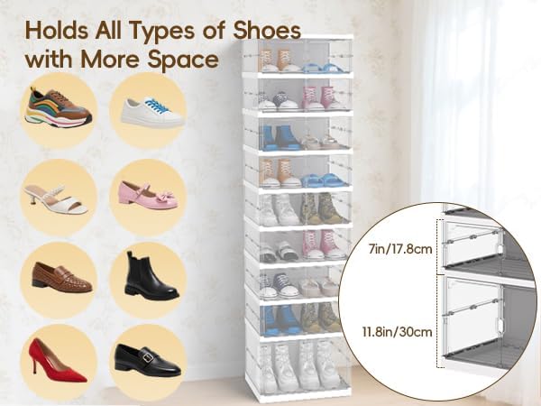 GCCSJ Shoe Rack Organizer Storage Box 9 Tiers-18 Pairs, Portable Folding Shoe Rack with Magnetic Clear Door for Closet Entryway, Transparent, 9 Tiers 18 Pairs