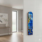 SURI Wooden Mezuzah with Printed Scroll for Door – 5 Inch Chagall Inspired Blue Jewish Door mezuzah Cover, Self-Stick Adhesive, Fits a 4 Inch Scroll, Gift Box Included