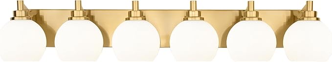 Bathroom Light Fixtures, 6-Light Brushed Gold Bathroom Vanity Lights Over Mirror with Globe Milk White Glass Shade, 38 Inch Modern Vanity Lighting Fixtures, VL195-BG-ML-6
