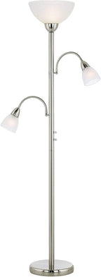 Possini Euro Design Alexei Modern Torchiere Floor Lamp Tree 3-Light Gooseneck Arm 72" Tall Brushed Nickel White Crackle Glass Pole Dimmer Living Room Reading House Bedroom Home Office