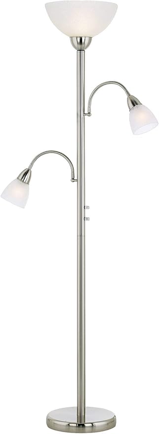 Possini Euro Design Alexei Modern Torchiere Floor Lamp Tree 3-Light Gooseneck Arm 72" Tall Brushed Nickel White Crackle Glass Pole Dimmer Living Room Reading House Bedroom Home Office