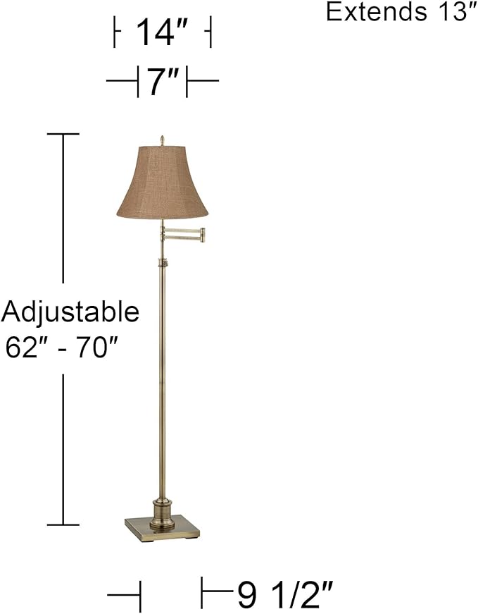 360 Lighting Westbury Traditional Swing Arm Floor Lamp Adjustable Height Standing 70" Tall Antique Brass Natural Burlap Fabric Bell Shade Decor for Living Room Reading House Bedroom Home