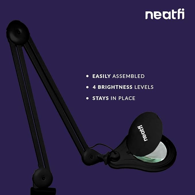 Neatfi 1,200 Lumens LED Magnifying Lamp with Clamp – 5-Inch Lens, 5 Diopter, Dimmable, Adjustable Arm, Includes Microfiber Cloth, Lamp for Reading, Sewing, Crafting (Black, 5 Diopter)