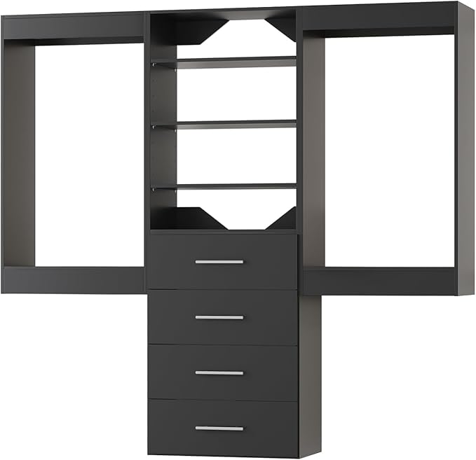 Modular Closet Organizer, 66" Wide with Hanging and Drawers, Wood Tower Storage for Walk-in Closets, Wall-Mounted Black Wardrobe Kit