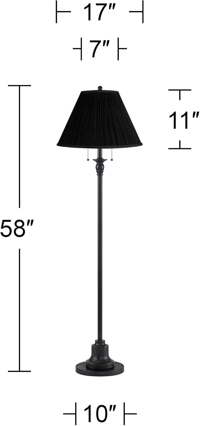 360 Lighting Dyna Traditional 58" Tall 2-Light Standing Floor Lamp Skinny Pole Pull Chain Black Finish Living Room Bedroom House Reading Office Home Decor Entryway Dining Black Pleated Shade