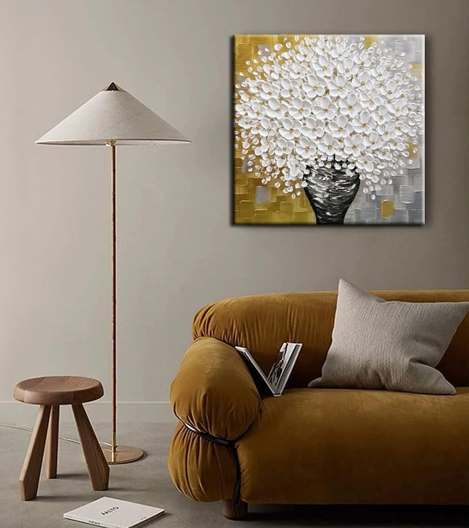 YaSheng Art- 3D Thick Texture White Canvas Wall Art Hand-Painted Minimalism Abstract Artwork Oil Painting Home Decorations Modern bedroom Wall Art Ready to Hang 24x24inch