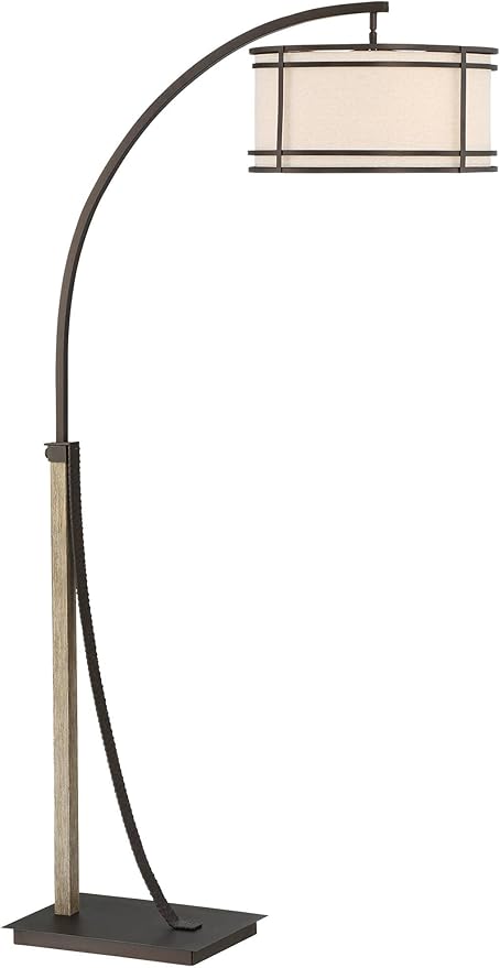 Franklin Iron Works Gentry Industrial Rustic Farmhouse Arc Floor Lamp with USB Charging Port 71 1/2" Tall Oil Rubbed Bronze 2-Light Oatmeal Fabric Drum Shade for Living Room Reading Bedroom Office