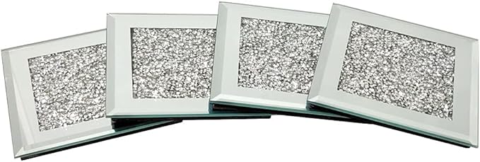 GIMORRTO Glass Mirrored Coaster 4 PC, Crushed Diamond Square Cup Mat 4" Decor on Tabletop for Bar Tools Dining Table