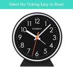 No Ticking Silent Alarm Clock,Easy to Read and Use,Ascending Sound,1 AA Battery Operated,Snooze Light,Bedside Desk Clock,Black