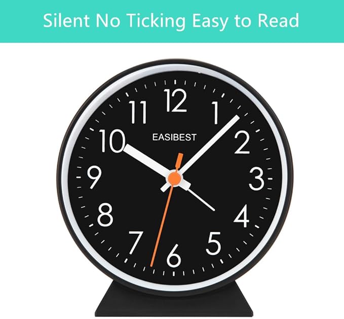 No Ticking Silent Alarm Clock,Easy to Read and Use,Ascending Sound,1 AA Battery Operated,Snooze Light,Bedside Desk Clock,Black