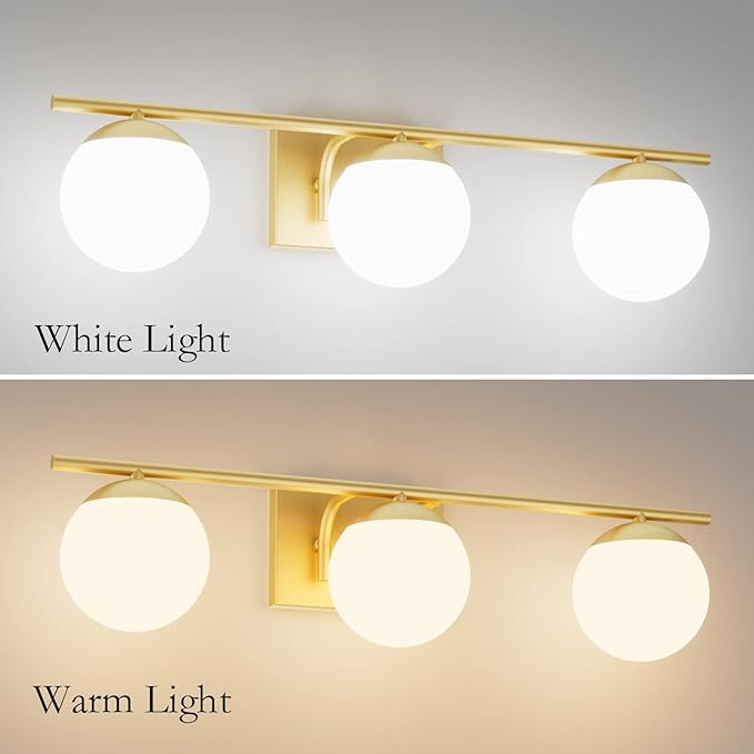 Ralbay Gold Vanity Lights - 3-Light Mid Century Modern Bathroom Wall Lights with Milky Glass Globe