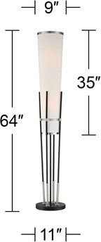 Possini Euro Design Flute Modern Torchiere Floor Lamp Standing 64" Tall Sleek Satin Black Brushed Nickel Metal White Sculptural Linen Shade for Living Room Reading House Bedroom Home Office