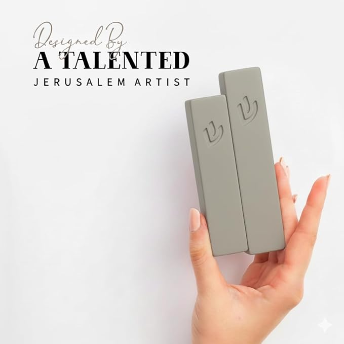 SURI Mezuzah for Door – 4 Inch Light Gray Concrete Mezuzah Case with Printed Scroll, Judaica Entry Design, Fits a 3 Inch Mezuza Scroll, Gift Box Included