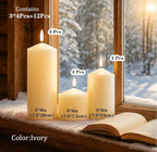 Ivory Pillar Candles Bulk Set of 12, 3 Different Lengths 3 x 3/6/8 Inch (4 Each), Hurricane Candles, Dripless Unscented Smokeless, Gives You a Better Atmosphere When Organizing an Event Party.