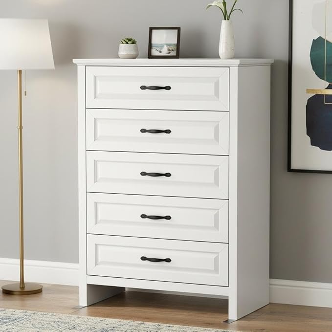 Marsail Farmhouse 5 Drawer Dresser, Wood Chest of Drawers with Natural Texture, Smooth Gliding Drawers, Versatile Storage Organizer Cabinet for Bedroom & Living Room, White