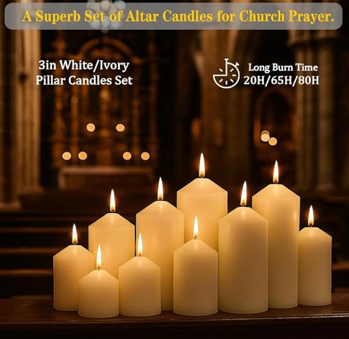 Ivory Pillar Candles Bulk Set of 12, 3 Different Lengths 3 x 3/6/8 Inch (4 Each), Hurricane Candles, Dripless Unscented Smokeless, Gives You a Better Atmosphere When Organizing an Event Party.