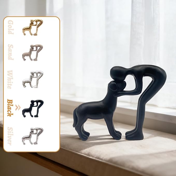 Human and Dog Statue Decoration, Cute Pet Sculpture Home Decor Tabletop Ornament Figurines Office Living Room Bedroom Home, for Dog Lovers Friends Family Decoration, Black Color
