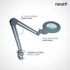 Neatfi XL Bifocal LED Magnifying Lamp – 7-Inch Acrylic Lens, 2.25x & 6X Magnification, 1,600 Lumens, Dimmable LED, Adjustable Arm, Hands-Free Close Work (Gray, with Clamp)