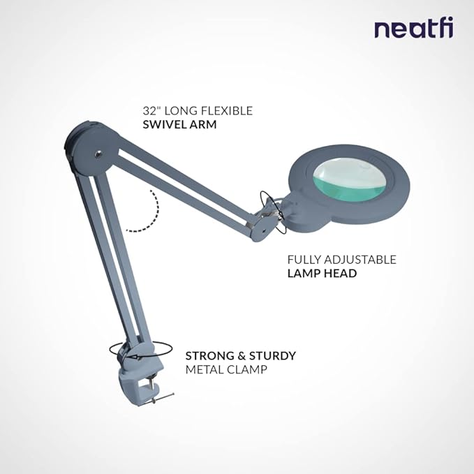 Neatfi XL Bifocal LED Magnifying Lamp – 7-Inch Acrylic Lens, 2.25x & 6X Magnification, 1,600 Lumens, Dimmable LED, Adjustable Arm, Hands-Free Close Work (Gray, with Clamp)