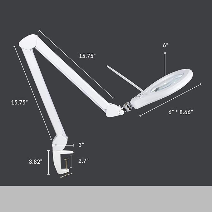 Neatfi Elite Super LED Magnifying Lamp with Clamp, 6” Glass Lens, Dual Magnification, 5D/12D, 6500K, Glare-Free, Nonpolar Dimming, Lamp for Reading, Sewing, Crafting (6 Inch Lens, White)