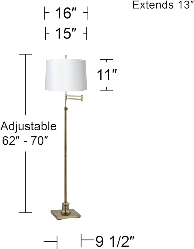 360 Lighting Westbury Chic Style Swing Arm Adjustable Floor Lamp Standing 70" Tall Antique Brass White Fabric Hardback Drum Shade for Living Room Reading House Bedroom Home