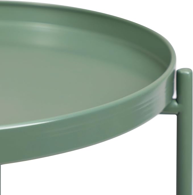 HollyHOME 2-Tier Round Side Table, Outdoor Small Folding Accent Stand with Removable Tray, Anti-Rust Metal Asional Table for Balcony Patio Living Room, Nightstand for Bedroom(Matcha Green)