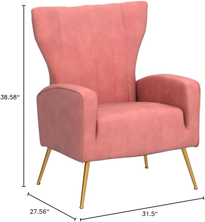 Modern Velvet Accent Chair, Channel Tufted Bedroom, Office or Living Room Furniture with Elegant Metal Legs, 26" Wide Armchair, Rose