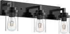 MELUCEE Vintage Bathroom Lighting Fixtures Over Mirror, 3-Light Modern Vanity Lights Black Finish Industrial Wall Sconce with Clear Glass Shade
