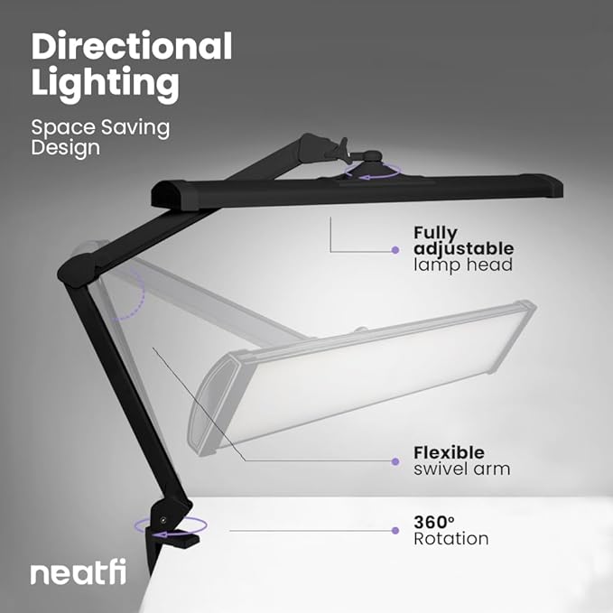 Neatfi Ultra Desk Lamp – 3,500 Lumens, 45W LED, 26-Inch Wide Shade, 5 Brightness Levels, Clamp Mount, Shadow-Free, Non-Flickering Light (Non-CCT with Clamp, Black)