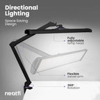 Neatfi Ultra Desk Lamp – 3,500 Lumens, 45W LED, 26-Inch Wide Shade, 5 Brightness Levels, Clamp Mount, Shadow-Free, Non-Flickering Light (Non-CCT with Clamp, Black)