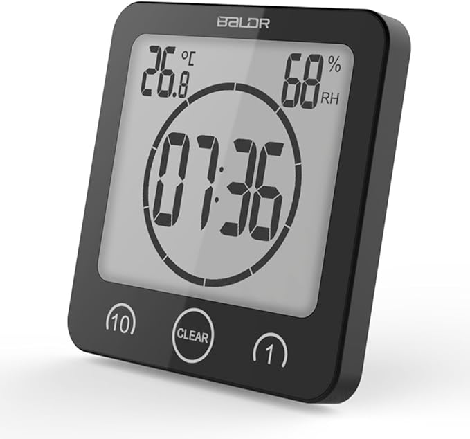 BALDR Digital Bathroom Clocks - 2 Pack Water-Resistant Shower Clock with Timer - Large LCD Display Digital Clock for Shower with Timer, Temperature and Humidity, Wall Clock for Bathroom, Black & White