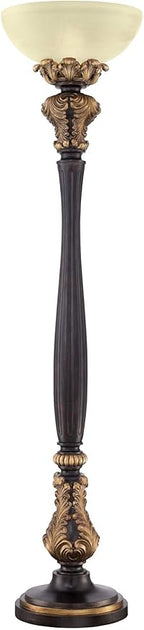 Barnes and Ivy Rita Traditional Victorian Torchiere Floor Lamp 75" Tall Carved Wood Amber Glass Shade Foot Dimmer Standing Light for Living Room Reading House Bedroom Home Office