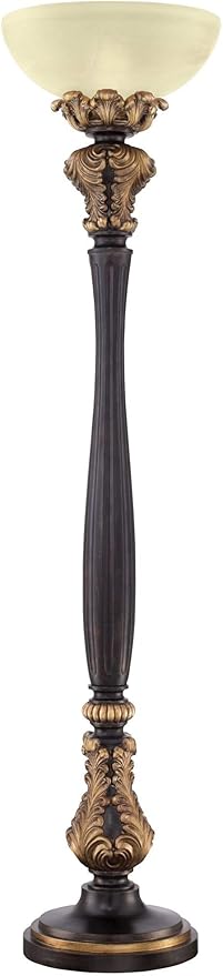Barnes and Ivy Rita Traditional Victorian Torchiere Floor Lamp 75" Tall Carved Wood Amber Glass Shade Foot Dimmer Standing Light for Living Room Reading House Bedroom Home Office