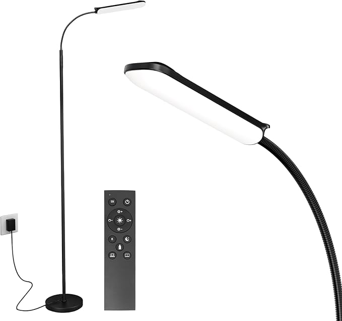 FRIDEKO HOME LED Floor Lamp with Remote, Dimmable Bright Reading Lamp for Crafts, Painting, Office & Bedroom, Adjustable Gooseneck Standing Light, 4 Color Temperatures, 1800LM, Touch Control, Black