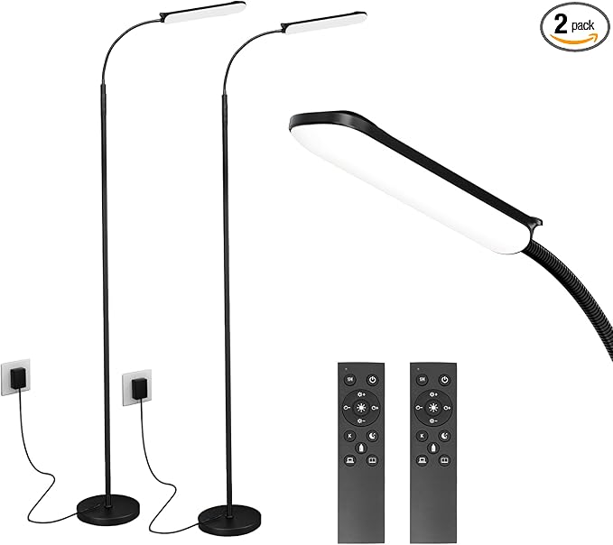 FRIDEKO HOME 2 Pack LED Floor Lamps with Remote, Dimmable Bright Reading Lamp for Crafts, Painting, Office, Bedroom, Flexible Gooseneck Standing Light, 4 Color Temperatures 1800LM Touch Control, Black