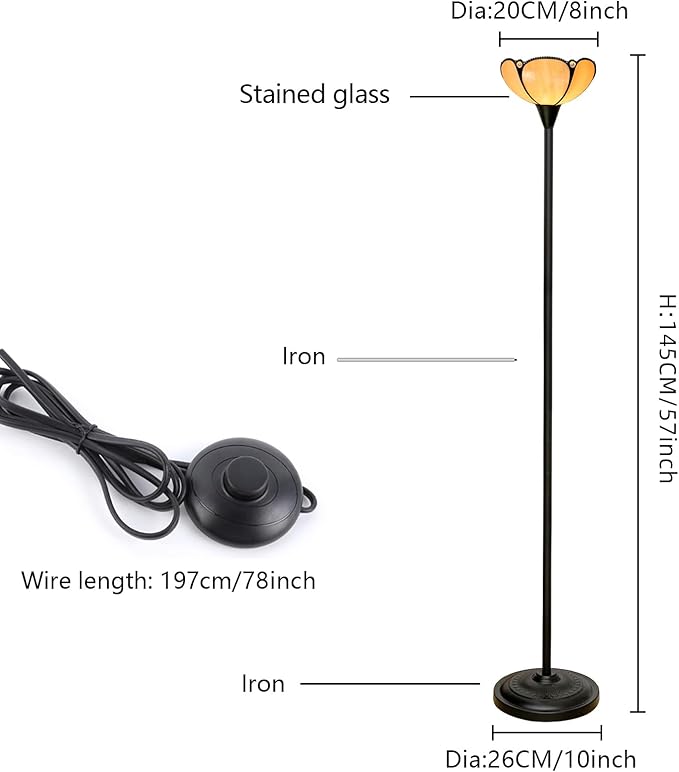 Tiffany Floor Lamp Yellow Stained Glass Tochiere Lamp Vintage 61 inches Tall Pole Standing Lamp with Foot Switch Tiffany Style Corner Light for Home Office