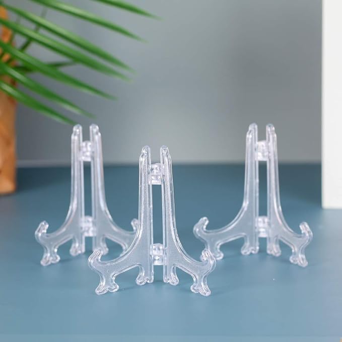 Artliving 4 Inch Clear Plastic Easels or Stand/Plate Holders to Display Pictures or Other Items at Weddings, Home Decoration, Birthdays, Tables (12 Pack)