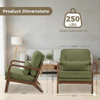 Simple Deluxe Mid-Century Modern Wood Accent Chair & Cozy Reading Chair, Upholstered Living Room Chair with Waist Cushion, Solid Wood Chair with Pillow for Bedroom, Green