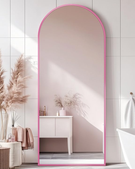 Antok Full Length Mirror, 58"x19" Floor Mirror, Arched Floor Standing Freestanding Arch Full Body Mirrors with Stand for Bedroom, Hanging Mounted for Living Room Cloakroom,Pink