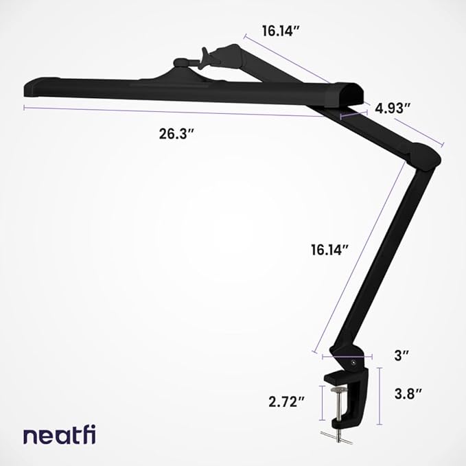 Neatfi Ultra Desk Lamp – 3,500 Lumens, 45W LED, 26-Inch Wide Shade, 5 Brightness Levels, Clamp Mount, Shadow-Free, Non-Flickering Light (Non-CCT with Clamp, Black)